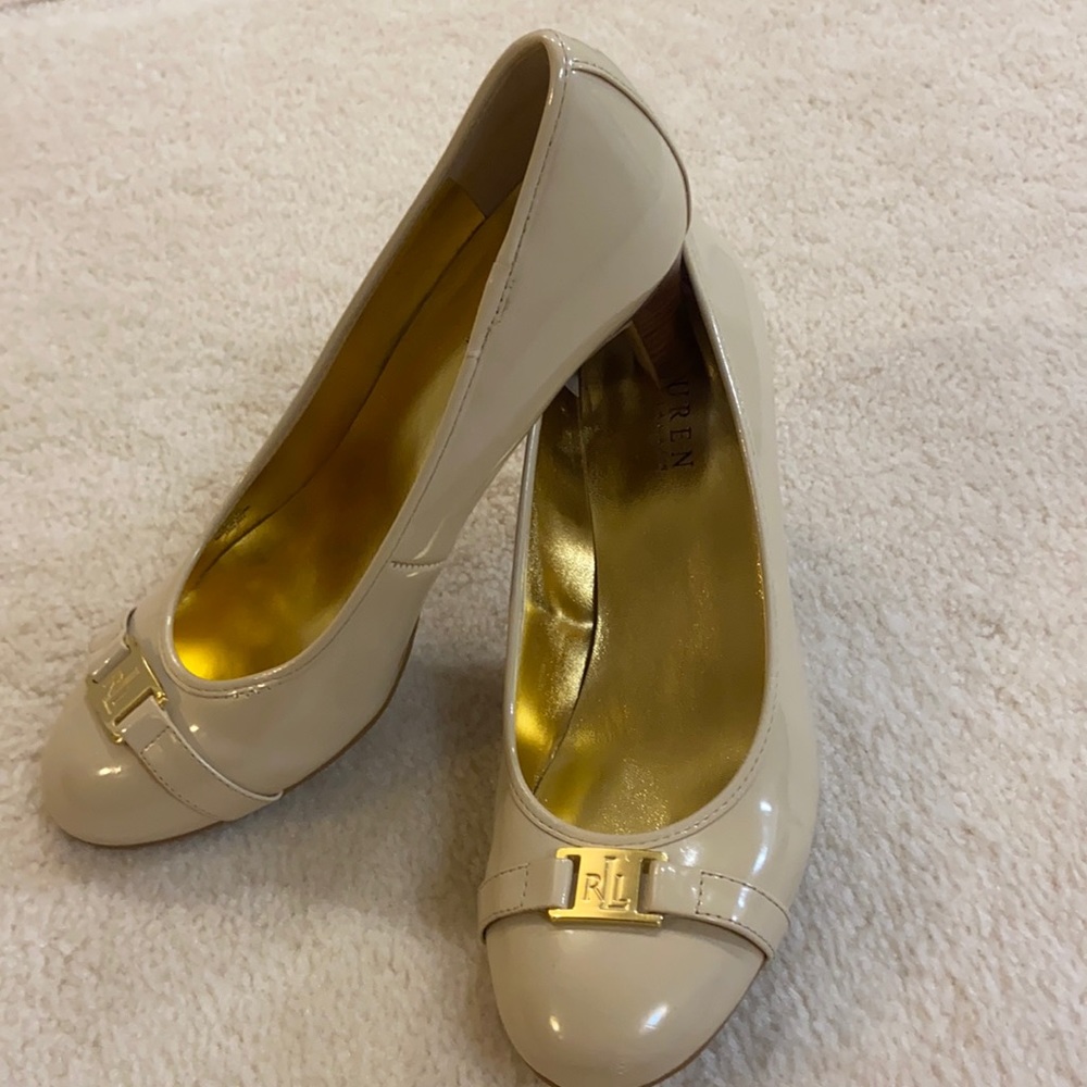 Ralph Loren Shelbi cream patent pumps